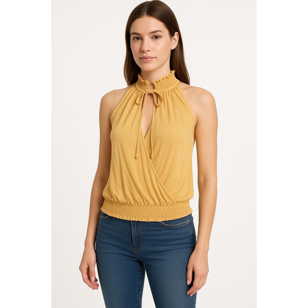 XOXO Yellow Halter Smocked Hem Sleeveless Blouse Womens Small